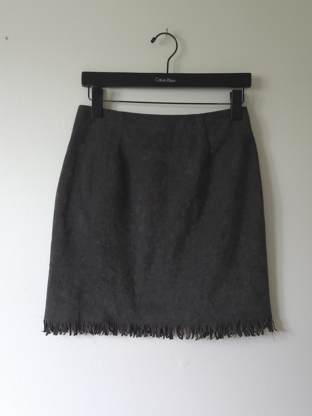 Vintage 90s 725 Originals Faux Suede Fringe Mini Skirt Grey Made in Canada Sz M